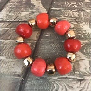 3/$20 Coral Red Gold Stretch Large Bead Bracelet
